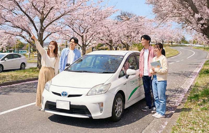 桜並木と教習車